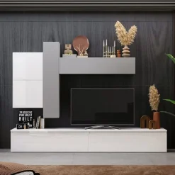 Parete attrezzata 276x210h cm moderna bianco lucido grigio chiaro Sunset 7