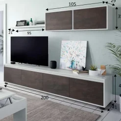 Parete attrezzata 200x145h cm moderna soggiorno bianco opaco ossido Itaca