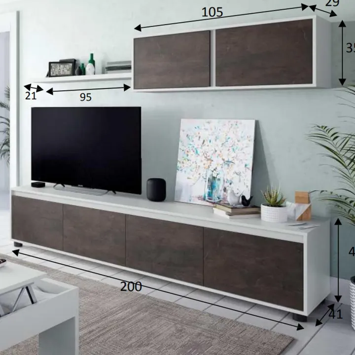 Parete attrezzata 200x145h cm moderna soggiorno bianco opaco ossido Itaca