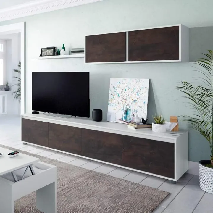Parete attrezzata 200x145h cm moderna soggiorno bianco opaco ossido Itaca