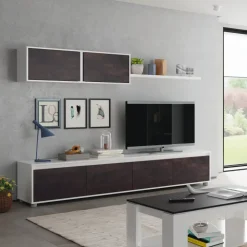 Parete attrezzata 200x145h cm moderna soggiorno bianco opaco ossido Itaca