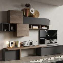 Parete attrezzata 330x195h cm moderna ossido nero rovere scuro Sunset 28