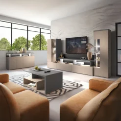 Parete attrezzata 325x180h cm moderna con vetrina beige grigio Matt