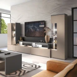 Parete attrezzata 325x180h cm moderna con vetrina beige grigio Matt