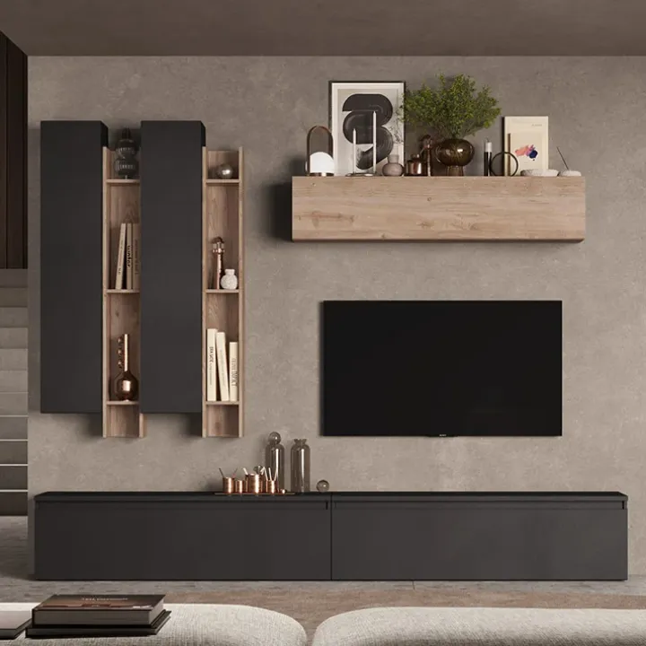 Parete attrezzata 276x210h cm moderna rovere ossido nero Sunset 4
