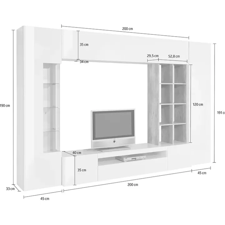 Parete attrezzata 290x192h cm moderna grigio ardesia acero pereira Zenith