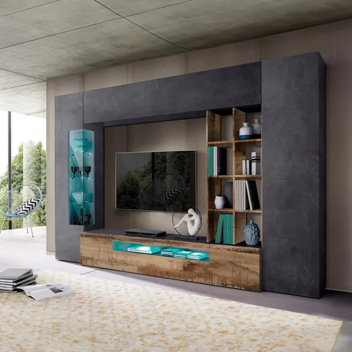 Parete attrezzata 290x192h cm moderna grigio ardesia acero pereira Zenith