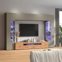 Parete attrezzata 290x190h cm moderna 2 vetrine tortora rovere Zenith 2