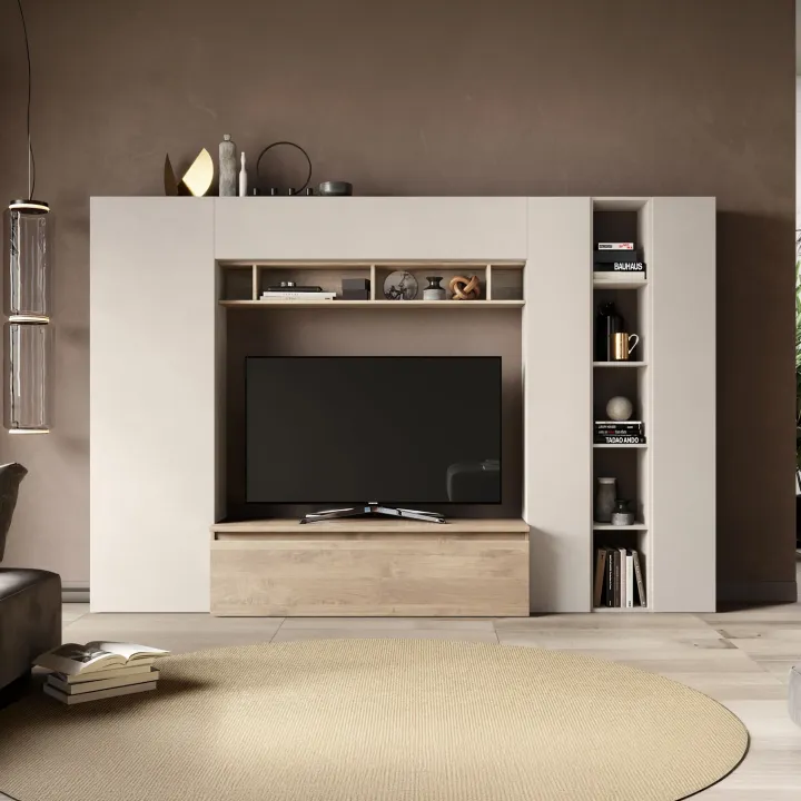 Parete attrezzata 277x186h cm moderna beige rovere chiaro Sunset 63