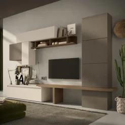 Parete attrezzata 295x195h cm moderna beige marrone rovere scuro Sunset 64