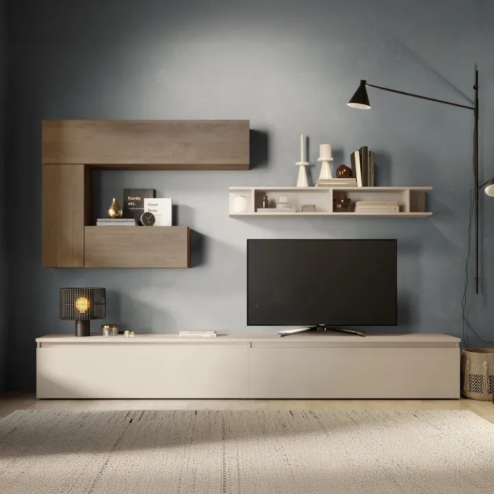 Parete attrezzata 276x190h cm moderna beige rovere chiaro Sunset 65