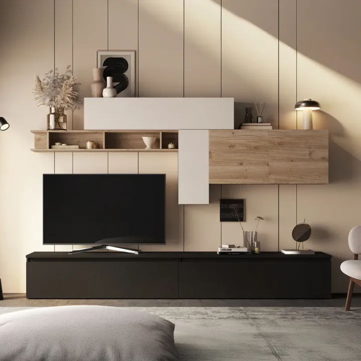 Parete attrezzata 276x195h cm moderna beige ossido rovere chiaro Sunset 66