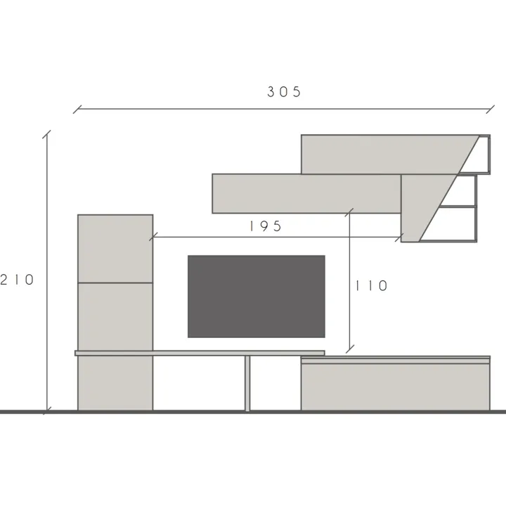 Parete attrezzata 305x210h cm moderna grigio chiaro rovere chiaro Sunset 74
