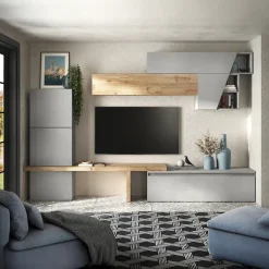 Parete attrezzata 305x210h cm moderna grigio chiaro rovere chiaro Sunset 74