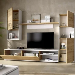 Parete attrezzata 220x175h cm moderna legno rovere bianco Matias