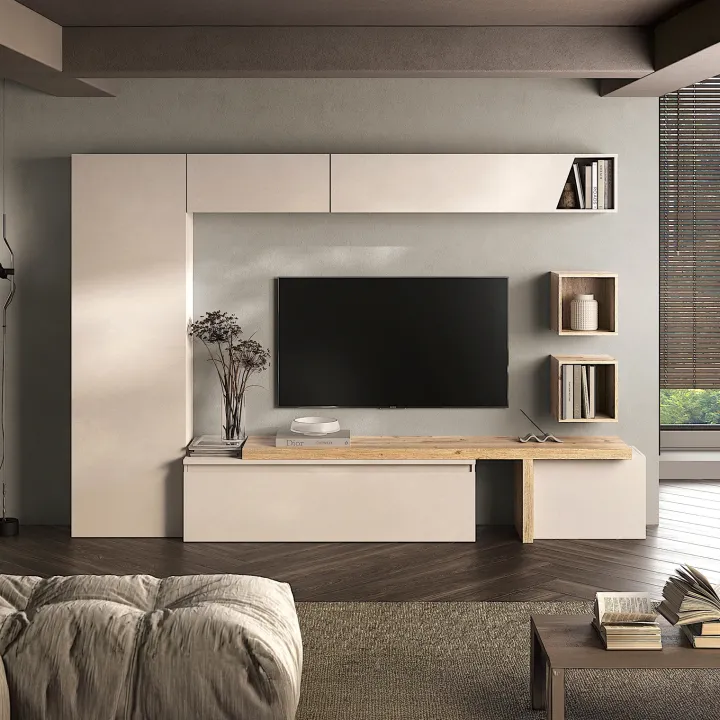 Parete attrezzata 300x186h cm moderna beige rovere chiaro Sunset 78
