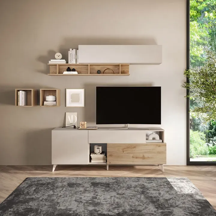 Parete attrezzata 181x205h cm moderna beige rovere chiaro Witty