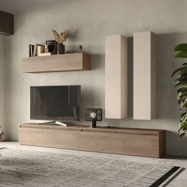 Parete attrezzata 276x205h cm moderna beige rovere scuro Sunset 80