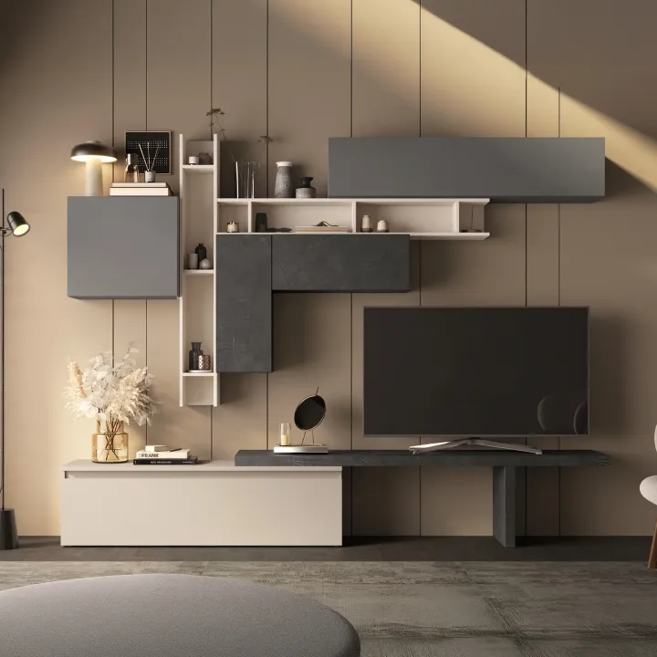 Parete attrezzata 280x210h cm moderna beige grigio scuro antracite Sunset 86