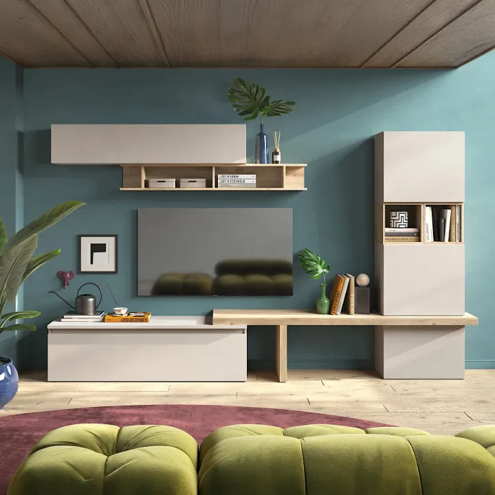 Parete attrezzata 310x175h cm moderna beige rovere chiaro Sunset 91