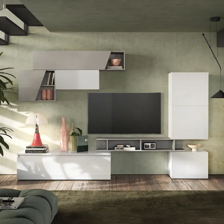Parete attrezzata 310x210h cm moderna bianco lucido grigio chiaro Sunset 92
