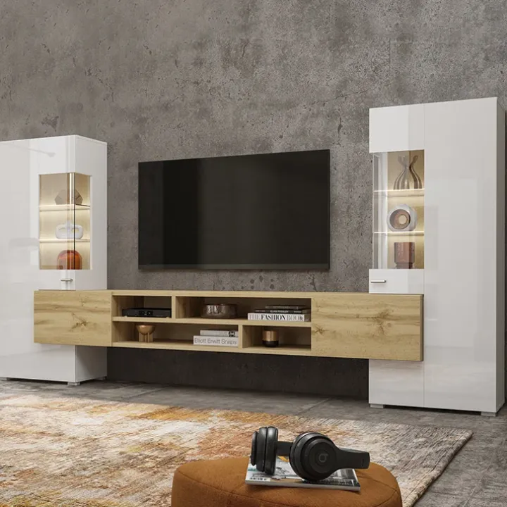 Parete attrezzata 270x143h cm moderna bianco rovere Maserati