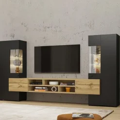 Parete attrezzata 270x143h cm moderna nero rovere chiaro Maserati