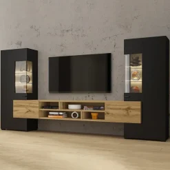 Parete attrezzata 270x143h cm moderna nero rovere chiaro Maserati