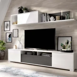 Parete attrezzata 200x140h cm moderna bianco lucido grafite Isador