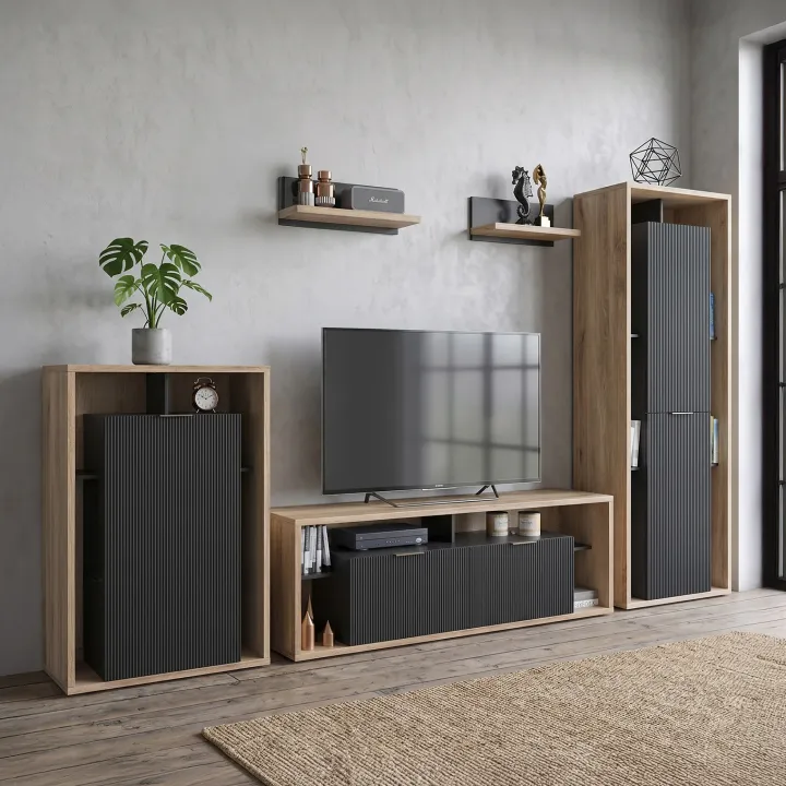 Parete attrezzata 310x201h cm moderna cannettato rovere nero Savona