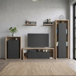 Parete attrezzata 310x201h cm moderna cannettato rovere nero Savona