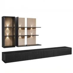 Parete attrezzata 300x160h cm moderna cannettato rovere nero Stripe