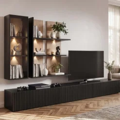 Parete attrezzata 300x160h cm moderna cannettato rovere nero Stripe