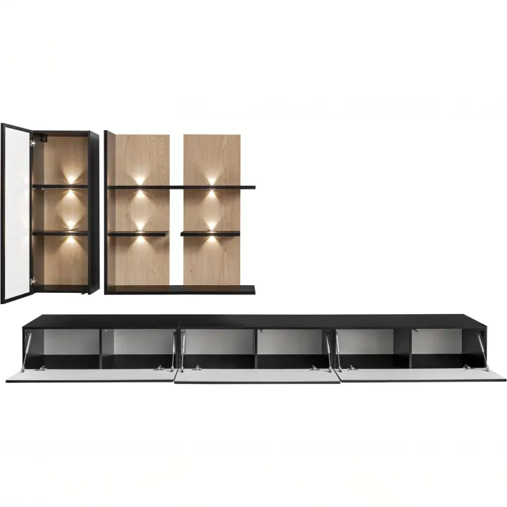 Parete attrezzata 300x160h cm moderna cannettato rovere nero Stripe