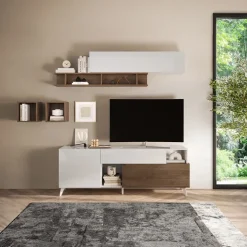 Parete attrezzata 181x205h cm moderna bianco lucido rovere scuro Witty