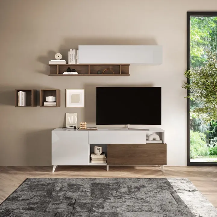 Parete attrezzata 181x205h cm moderna bianco lucido rovere scuro Witty