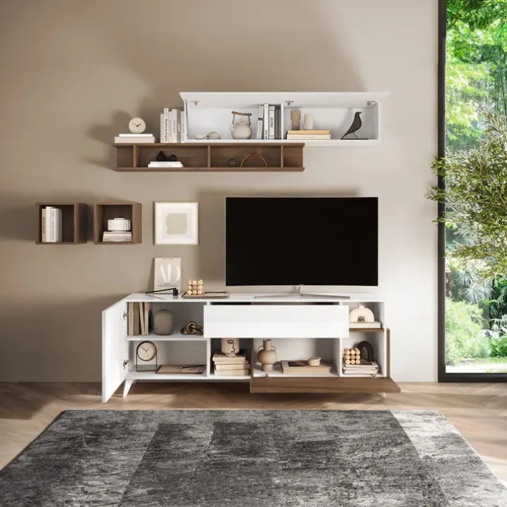 Parete attrezzata 181x205h cm moderna bianco lucido rovere scuro Witty