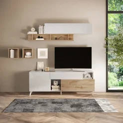 Parete attrezzata 181x205h cm moderna bianco lucido rovere chiaro Witty