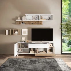Parete attrezzata 181x205h cm moderna bianco lucido rovere chiaro Witty