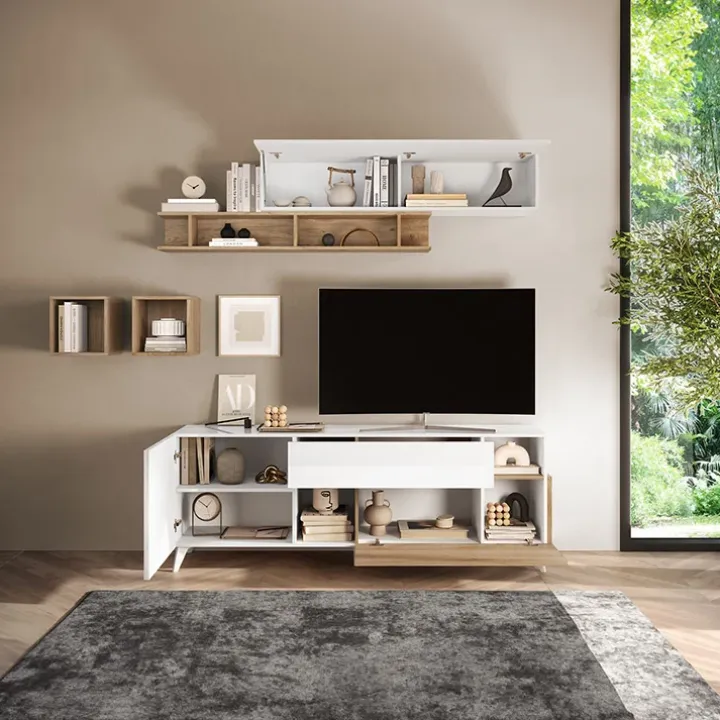 Parete attrezzata 181x205h cm moderna bianco lucido rovere chiaro Witty