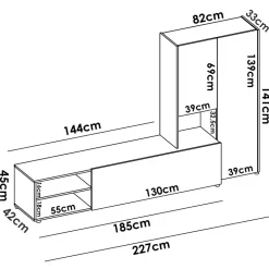 Parete attrezzata 227x141h cm moderna bianco rovere Fold