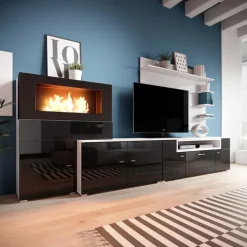 Parete attrezzata 288x170h cm nera camino bioetanolo Olympo
