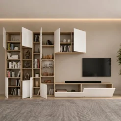 Parete attrezzata 340x205h cm rovere bianco lucido con led Shanti