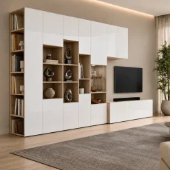 Parete attrezzata 340x205h cm rovere bianco lucido con led Shanti