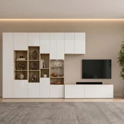 Parete attrezzata 340x205h cm rovere bianco lucido con led Shanti