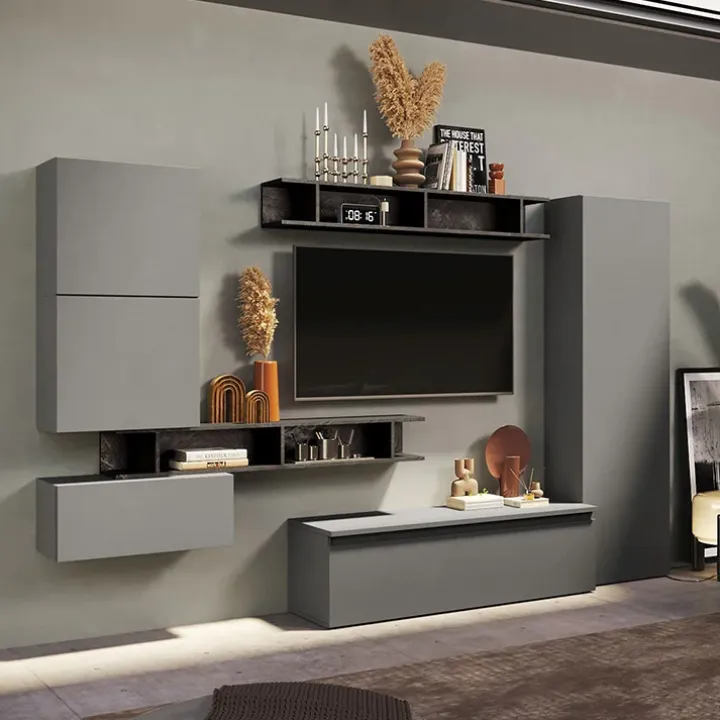 Parete attrezzata 295x186h cm salvaspazio moderna grigio antracite Sunset 38