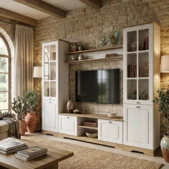 Parete attrezzata 234x181h cm shabby soggiorno bianco opaco Loira