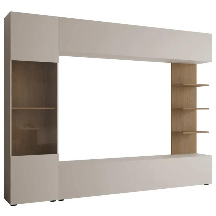 Parete attrezzata 250x187h cm soggiorno beige cashmere rovere Gracia