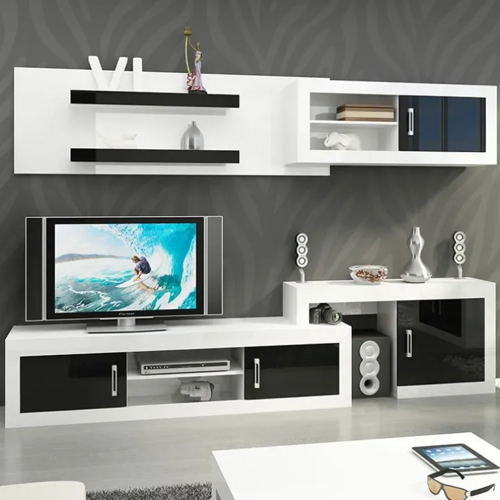 Parete attrezzata 240x210h cm soggiorno bianco opaco nero lucido Susan Gihome®