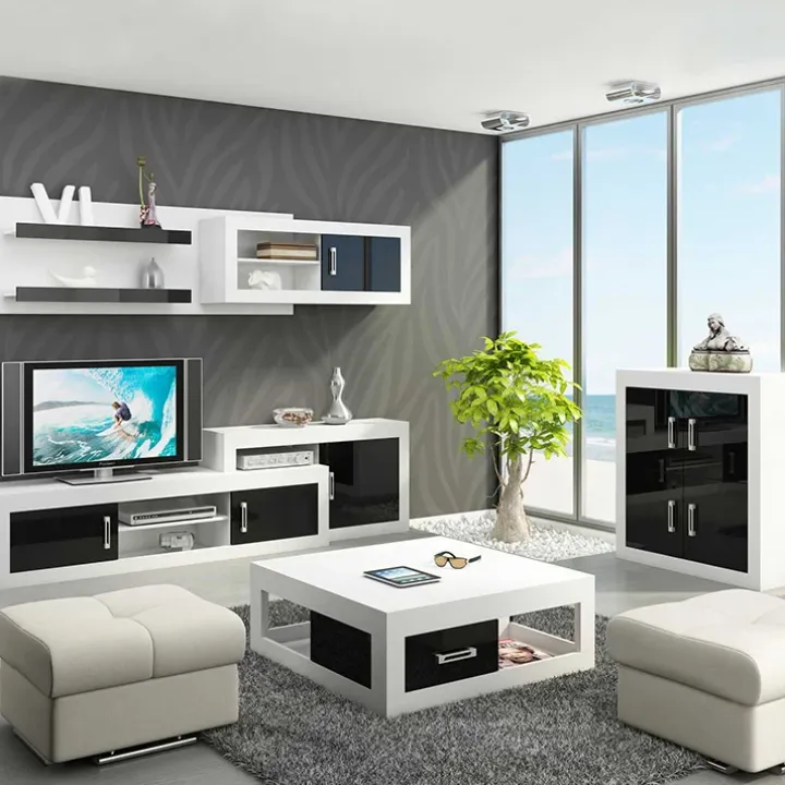 Parete attrezzata 240x210h cm soggiorno bianco opaco nero lucido Susan Gihome®